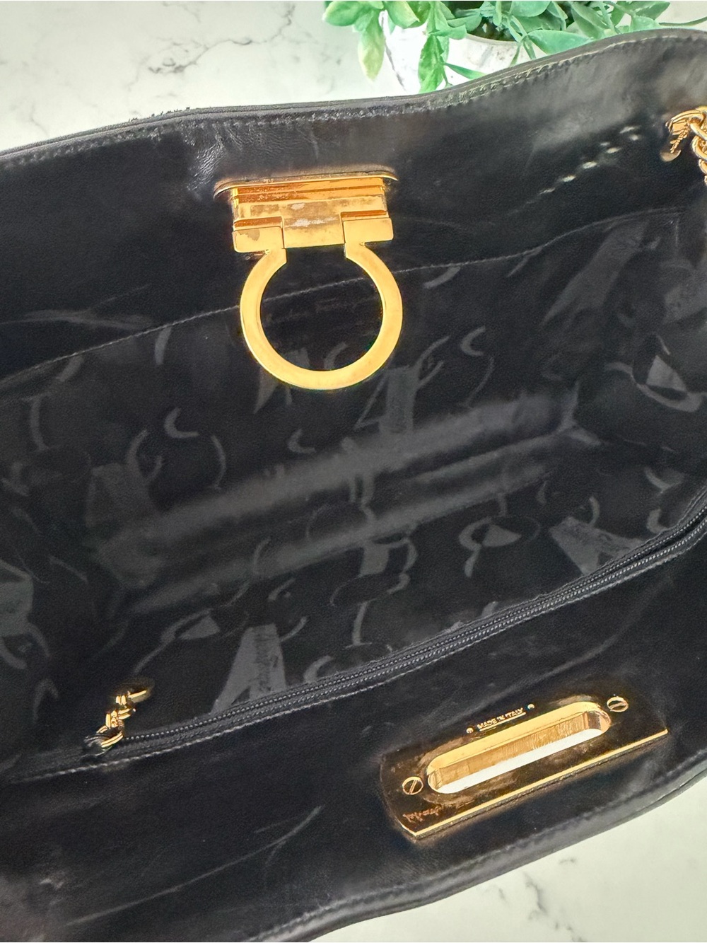 Salvatore Ferragamo Black Leather Crossbody with Gold Chain and Gancini Hardware - Picture 4 of 9